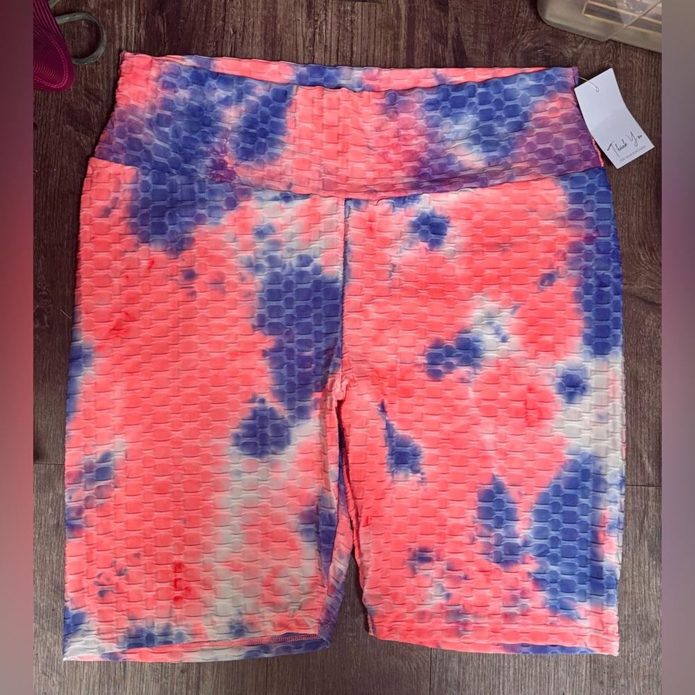 NEW! Zenana Outfitters Neon Tie Dye Textured Honey Butt Workout Shorts 3XL